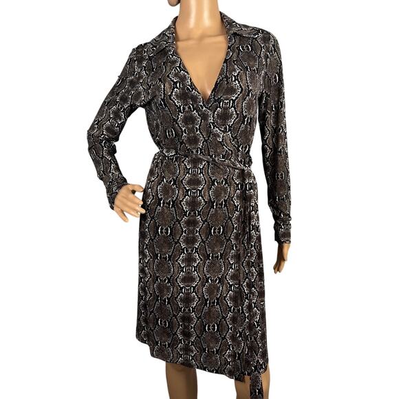 Calvin Klein Wrap Dress Snakeskin Pattern Long Sleeve Collared Size 6 Maximalist - Picture 1 of 9